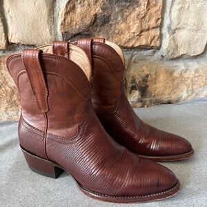 TECOVAS Women’s DARK BROWN BOURBON LIZARD BOOTS, Size 9B THE CASEY Ankle Bootie
